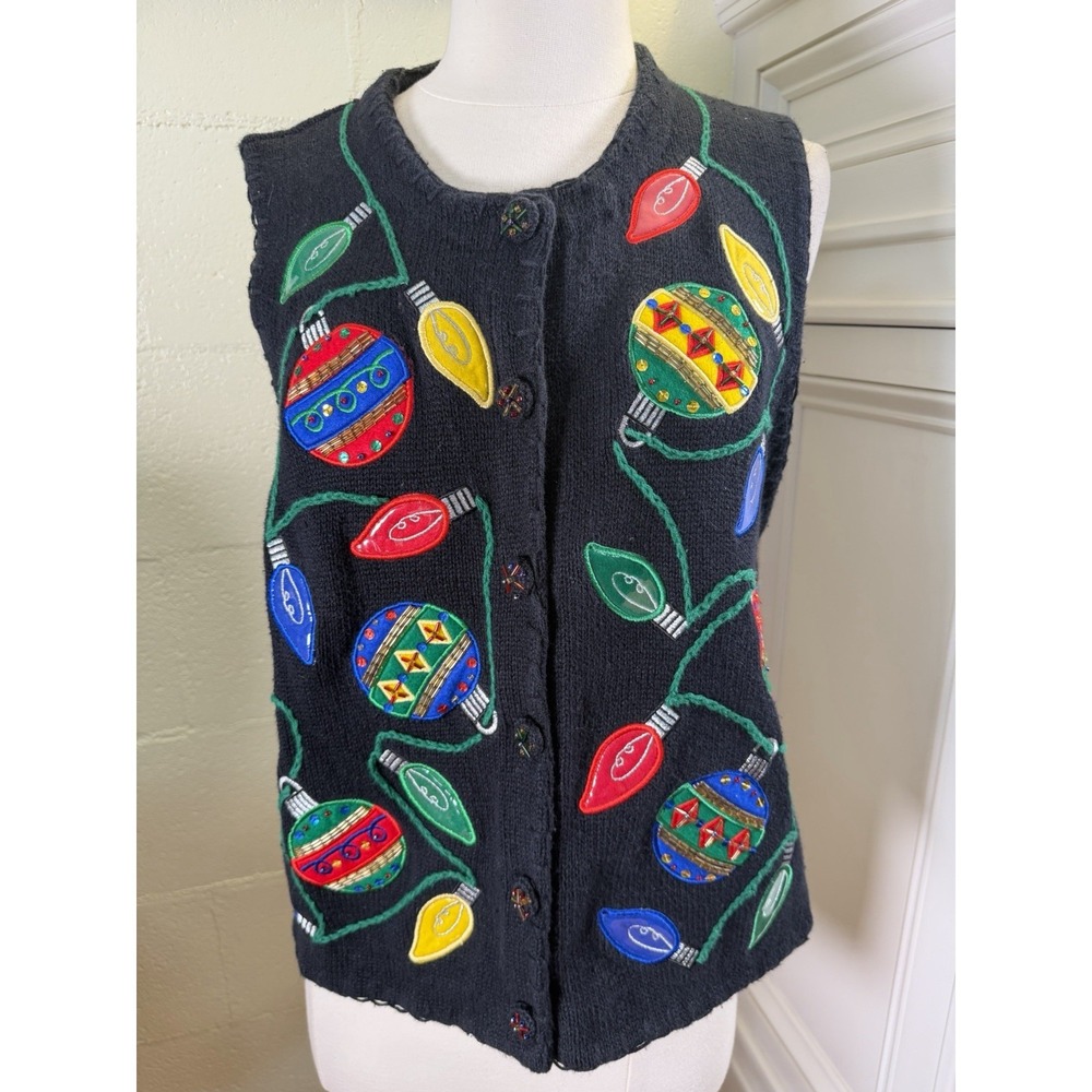 PBJ Sport Ugly Christmas Sweater Vest‎ XL Black Light Bulb Ornament Ramie